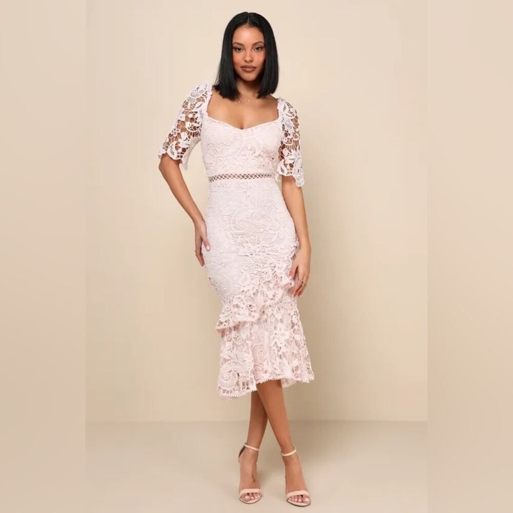 Lulus Briarwood Blush Pink Lace Ruffled Midi Dress